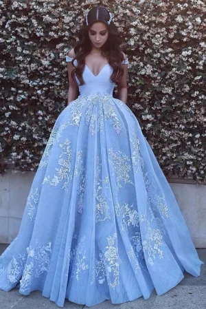 Luxury Ball Gown Off-the-shoulder Sweep Train Sleeveless Appliques Long Tulle Prom Dresses/Evening Dress OHC231
