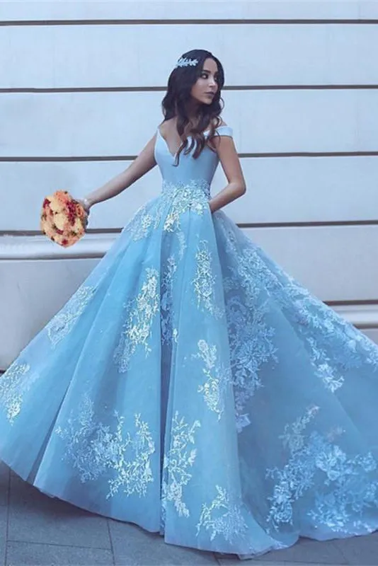 Luxury Ball Gown Off-the-shoulder Sweep Train Sleeveless Appliques Long Tulle Prom Dresses/Evening Dress OHC231