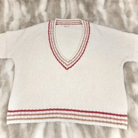 MARINE LAYER Alpaca Wool Mohair Oversized Adalyn Stripe Trim VNeck Sweater Large