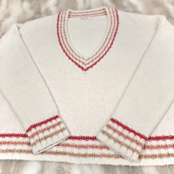 MARINE LAYER Alpaca Wool Mohair Oversized Adalyn Stripe Trim VNeck Sweater Large