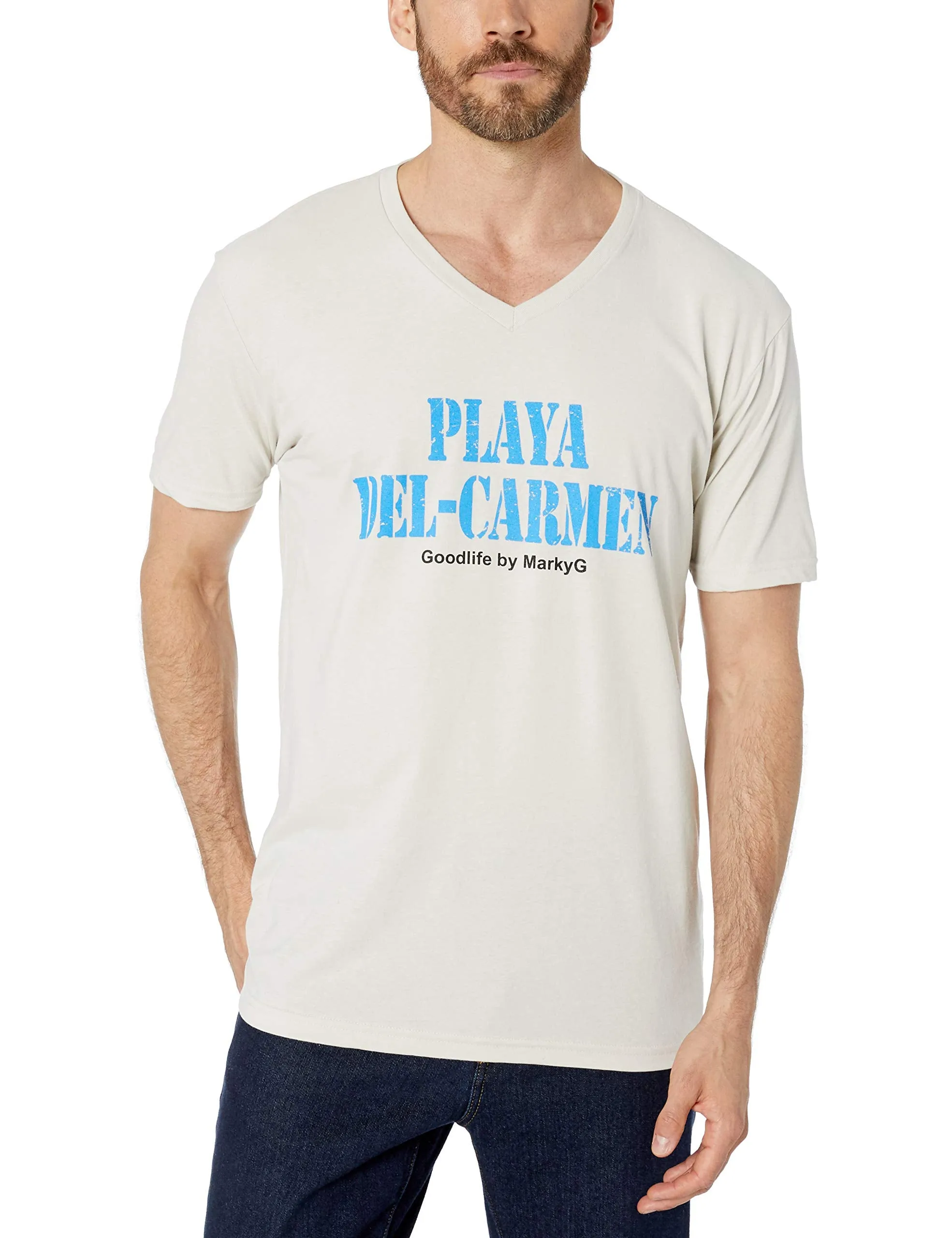 Marky G Apparel Men's Playa Del Carmen Graphic Printed Premium Tops Fitted Sueded Short Sleeve V-Neck T-Shirt
