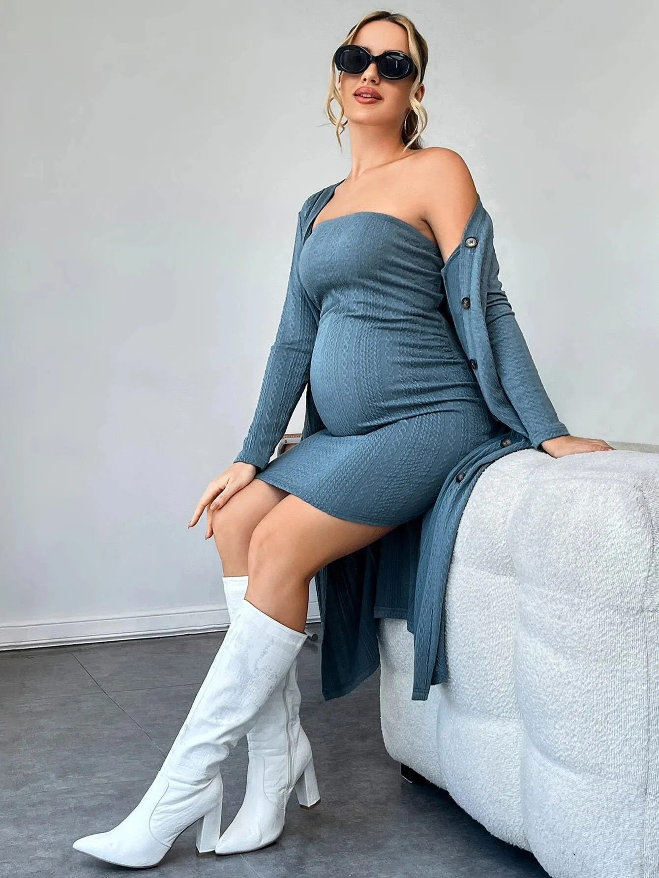 Maternity Ribbed Knit Tube Bodycon Dress With Coat