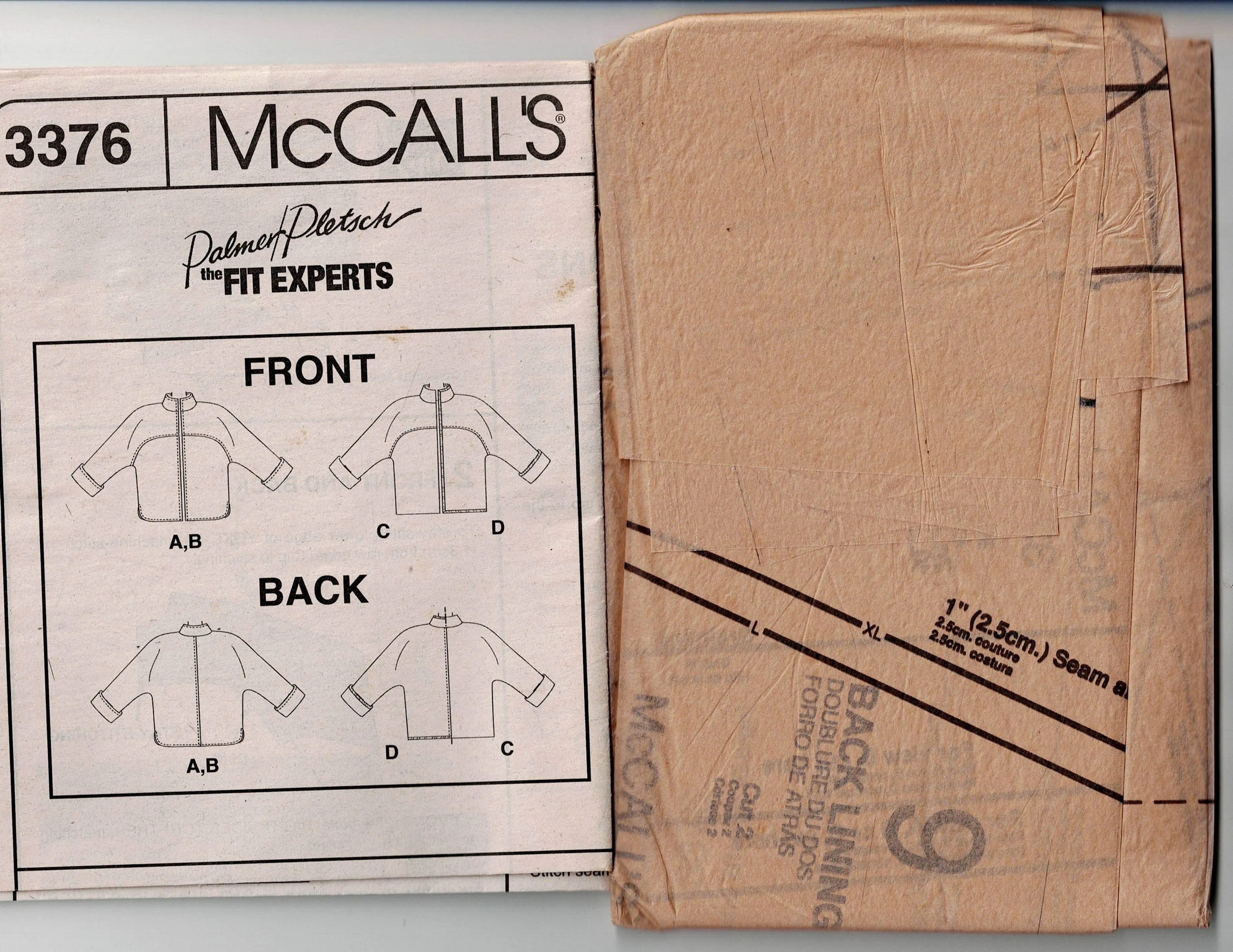 McCall's 3376 PALMER/PLETSCH Womens 2 Hour Oversized Jacket Out Of Print Sewing Pattern Size XS-MED or L-XL UNCUT Factory Folded