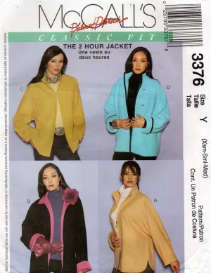 McCall's 3376 PALMER/PLETSCH Womens 2 Hour Oversized Jacket Out Of Print Sewing Pattern Size XS-MED or L-XL UNCUT Factory Folded