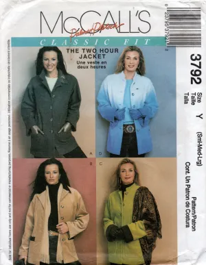 McCall's 3792 PALMER/PLETSCH Womens 2 Hour Classic Fit Unlined Jacket  Out Of Print Sewing Pattern Size XS - MED UNCUT Factory Folded