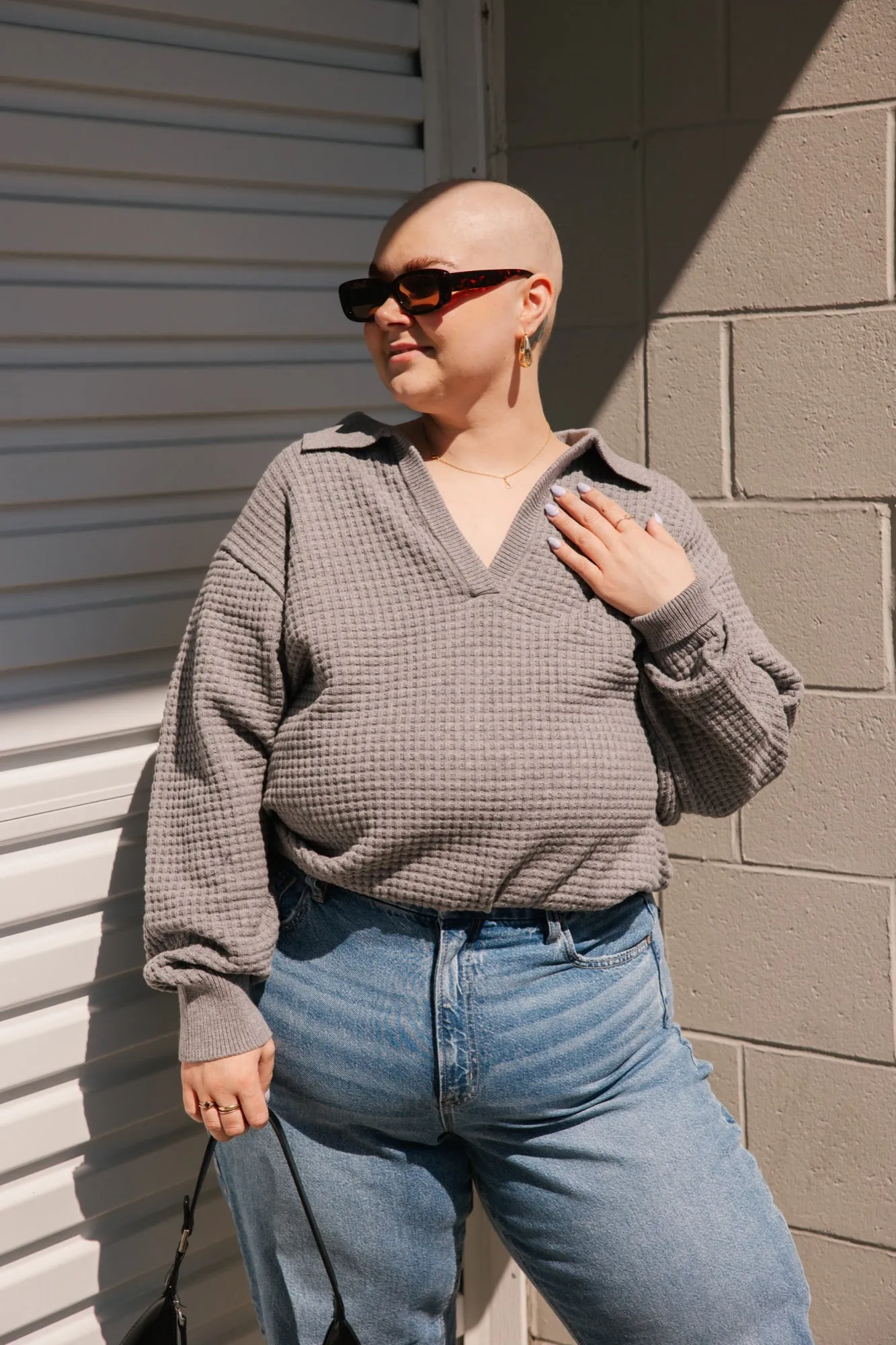 Megan Waffle Sweater in Mid Grey