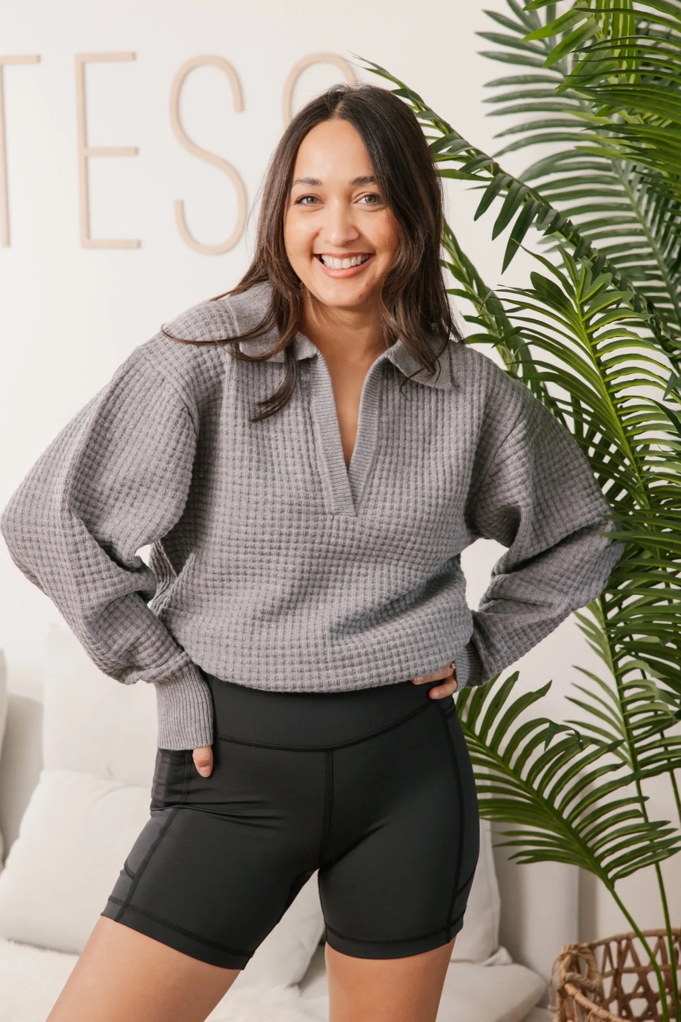 Megan Waffle Sweater in Mid Grey