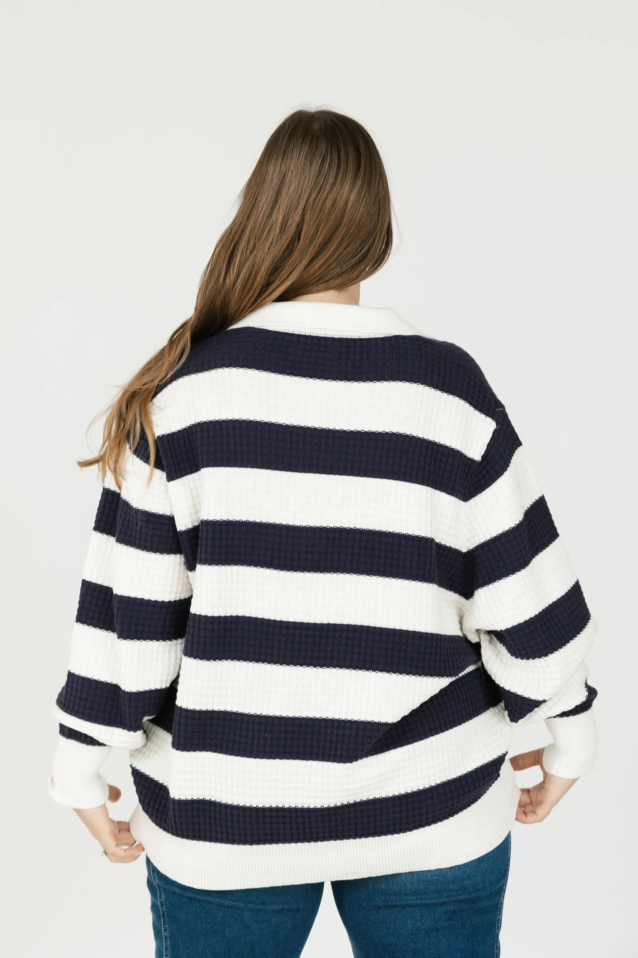 Megan Waffle Sweater in Navy/Ivory Stripe