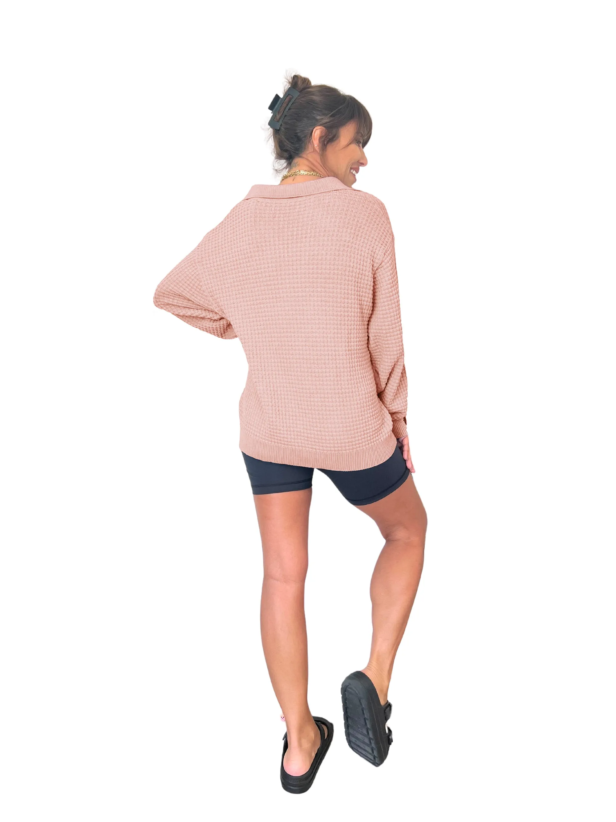 Megan Waffle Sweater in Petal Pink