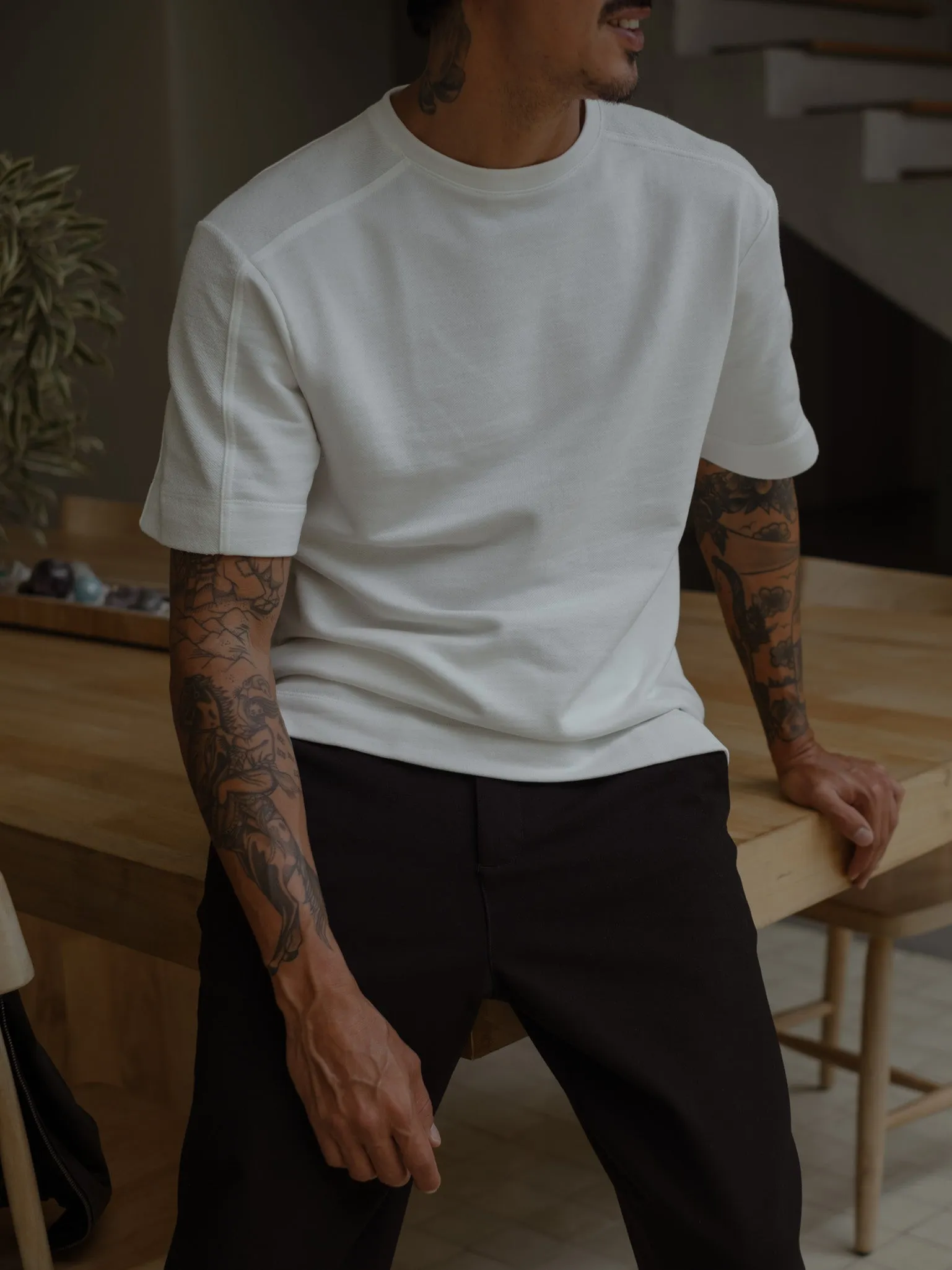 MEN DOUBLE TEXTURE T-SHIRT - CREAMY