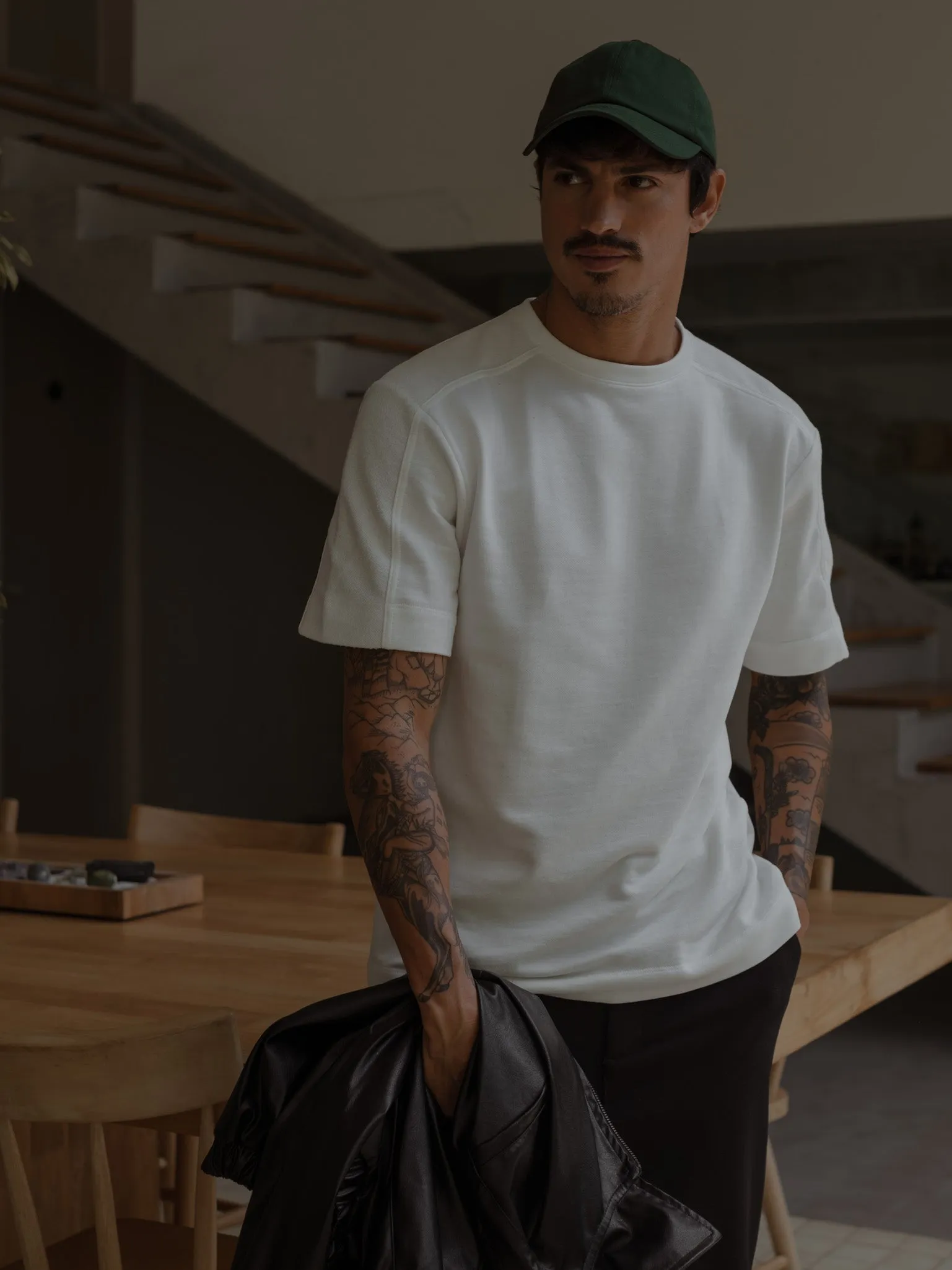 MEN DOUBLE TEXTURE T-SHIRT - CREAMY