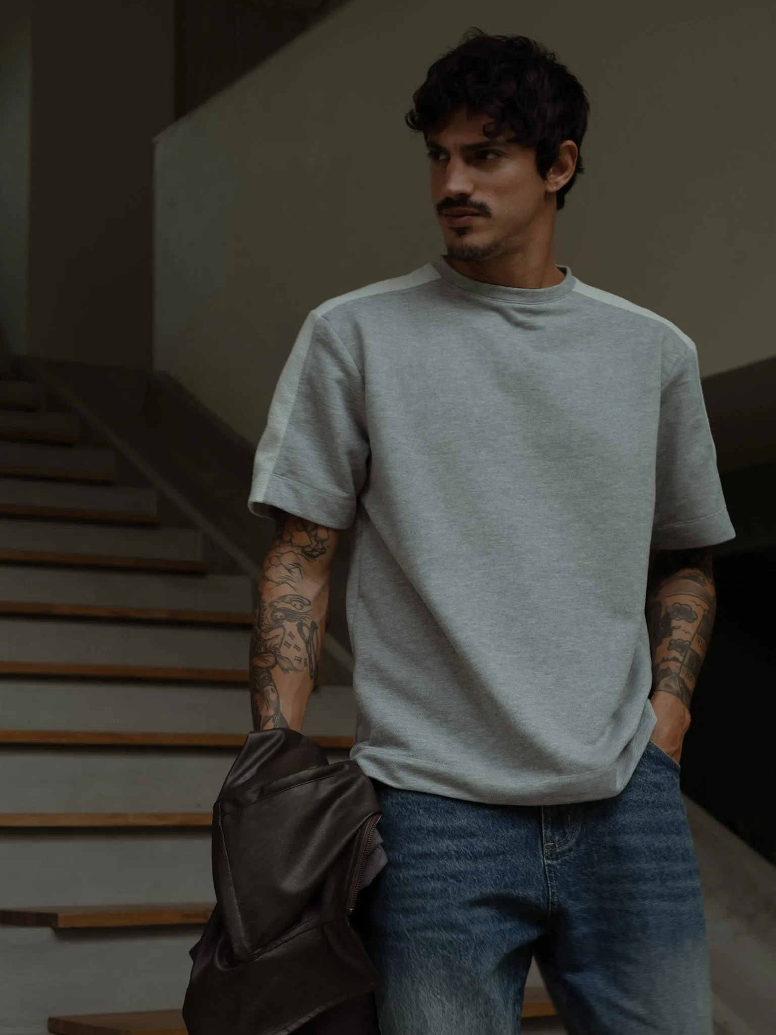 MEN DOUBLE TEXTURE T-SHIRT - GRAY