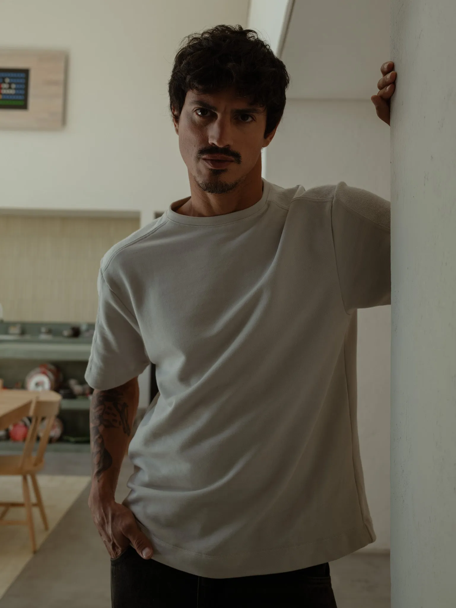 MEN DOUBLE TEXTURE T-SHIRT - LATTE