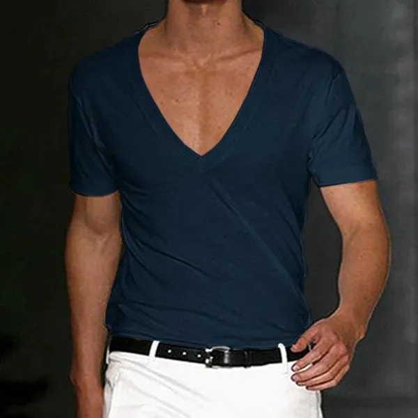 MEN'S FITNESS SPORTS SOLID COLOR DEEP V NECK T-SHIRT