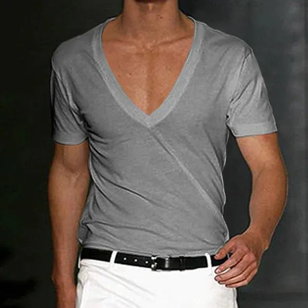 MEN'S FITNESS SPORTS SOLID COLOR DEEP V NECK T-SHIRT
