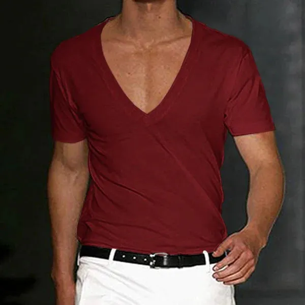 MEN'S FITNESS SPORTS SOLID COLOR DEEP V NECK T-SHIRT