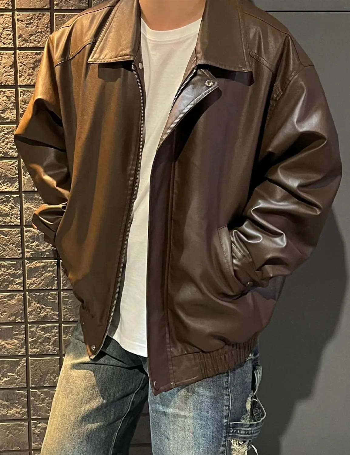 Men's Oversized Faux Leather Zip Up Bomber Jacket Vintage Biker Racing Moto Jackets Streetwear Coats
