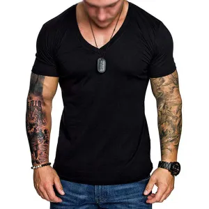 MEN'S SOLID COLOR V-NECK PULLOVER T-SHIRT