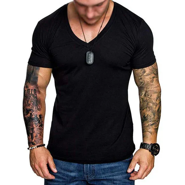 MEN'S SOLID COLOR V-NECK PULLOVER T-SHIRT