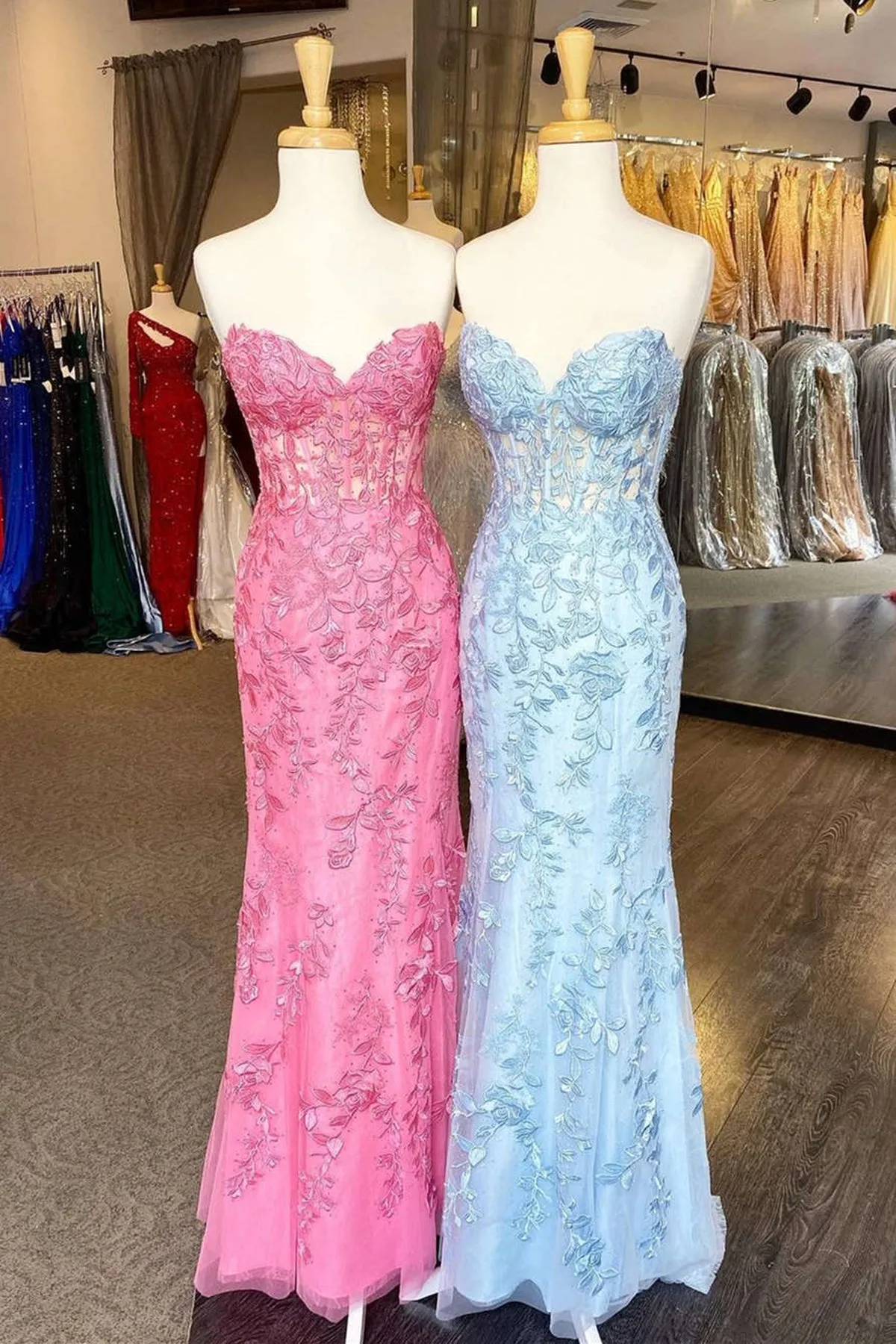 Mermaid Strapless Red/Black/Pink/Blue Lace Long Prom Dress, Red/Black/Pink/Blue Lace Formal Graduation Evening Dress A1519