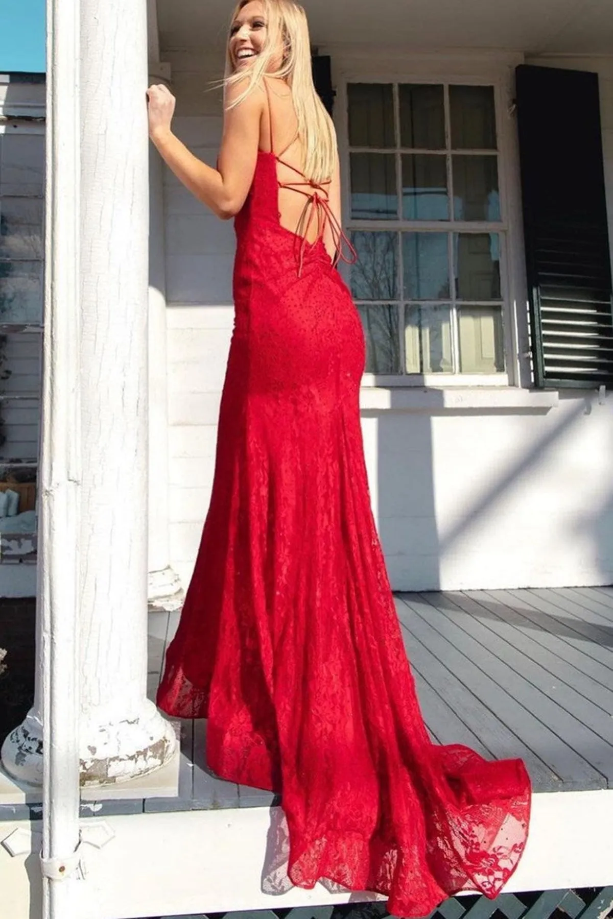 Mermaid V Neck Backless Red Lace Long Prom Dress, Mermaid Red Formal Dress, Red Lace Evening Dress A1480