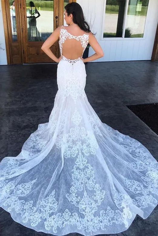 Mermaid  V Neck Chapel Train White Long Wedding Dresses Appliques OHD099