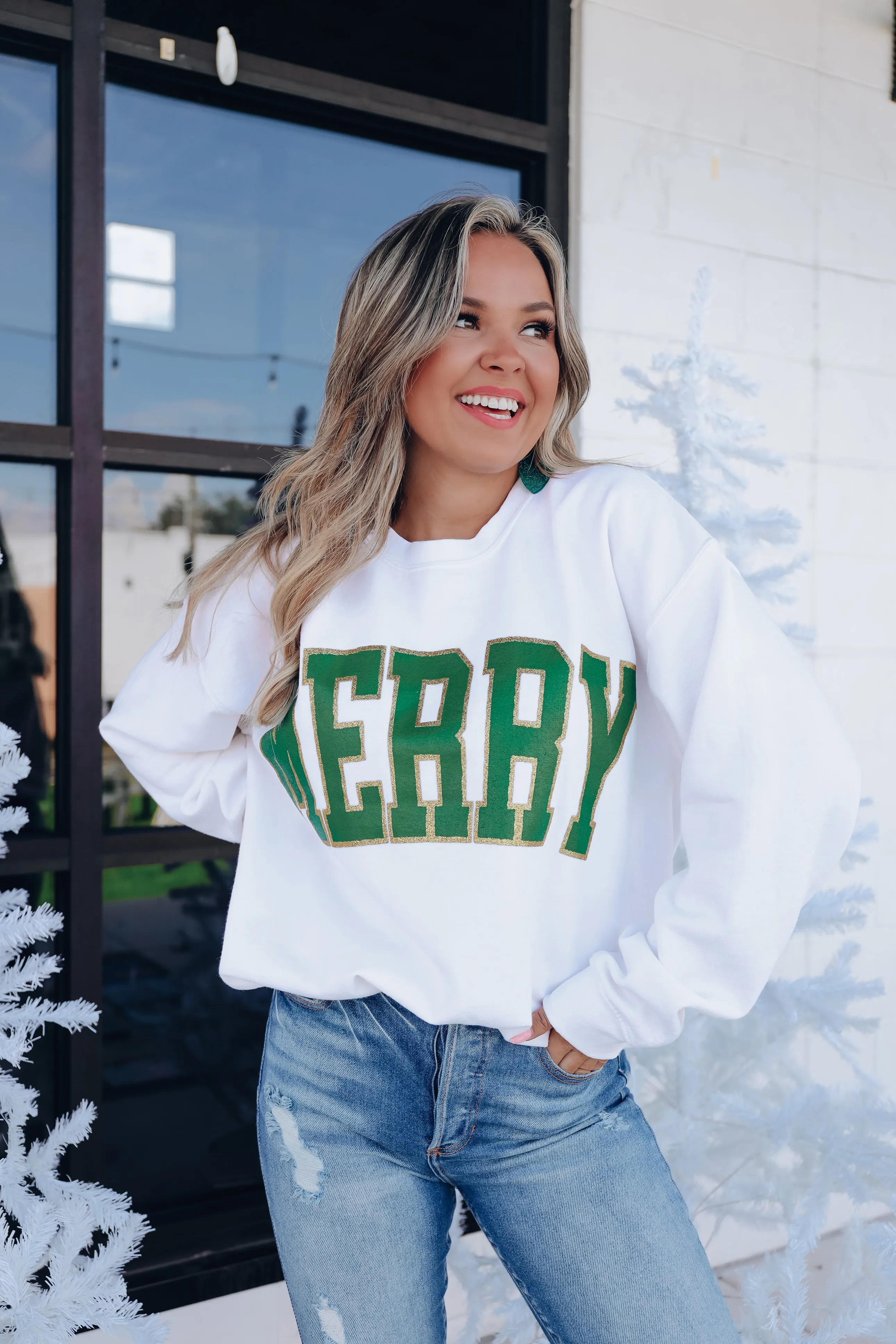 Merry Glitter Graphic Sweatshirt - Cream