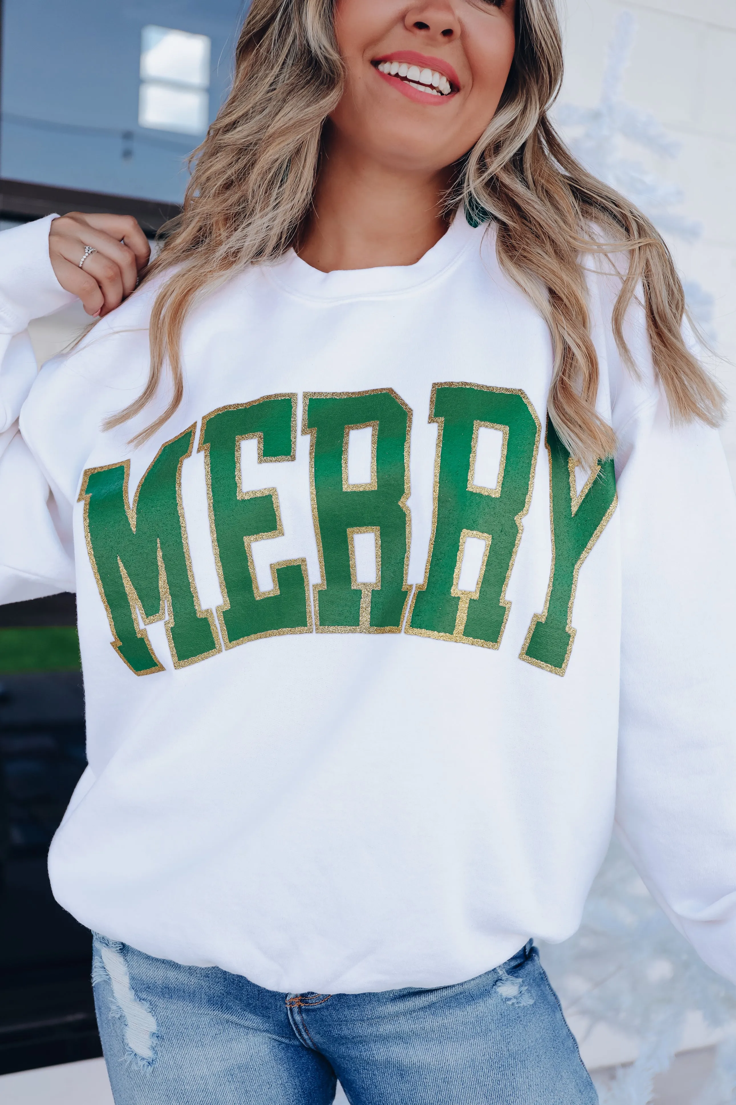 Merry Glitter Graphic Sweatshirt - Cream