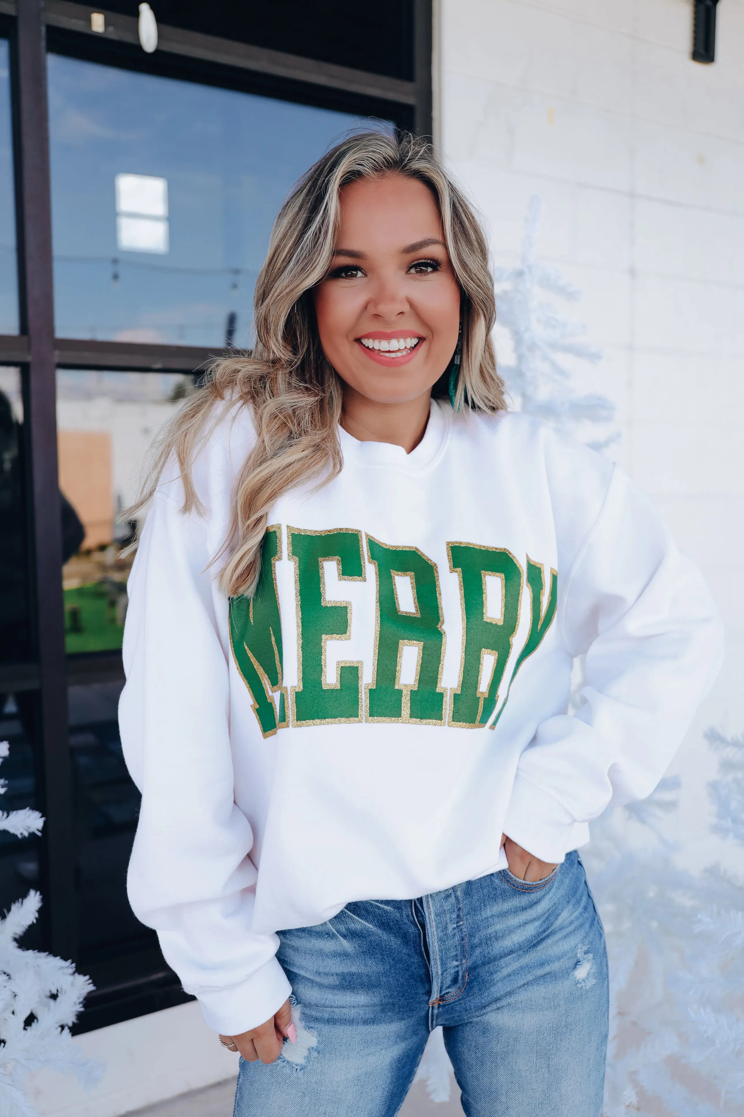 Merry Glitter Graphic Sweatshirt - Cream