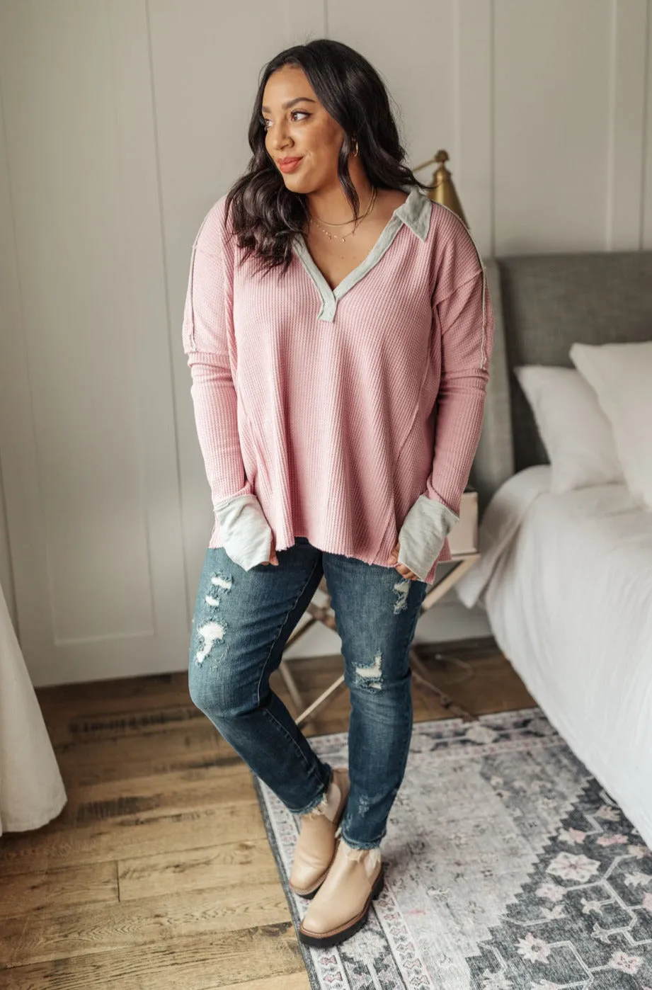 Mia Waffle Knit Long Sleeve In Pink