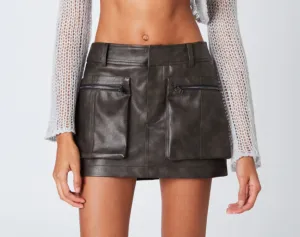 Mid Rise Faux Leather Cargo Skirt