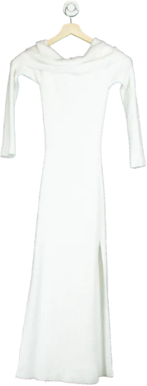 Misspap White Ribbed Knit Off-Shoulder Maxi Dress UK S