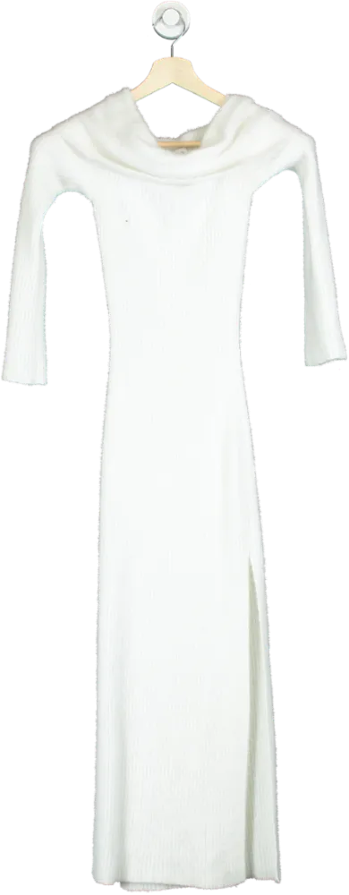 Misspap White Ribbed Knit Off-Shoulder Maxi Dress UK S