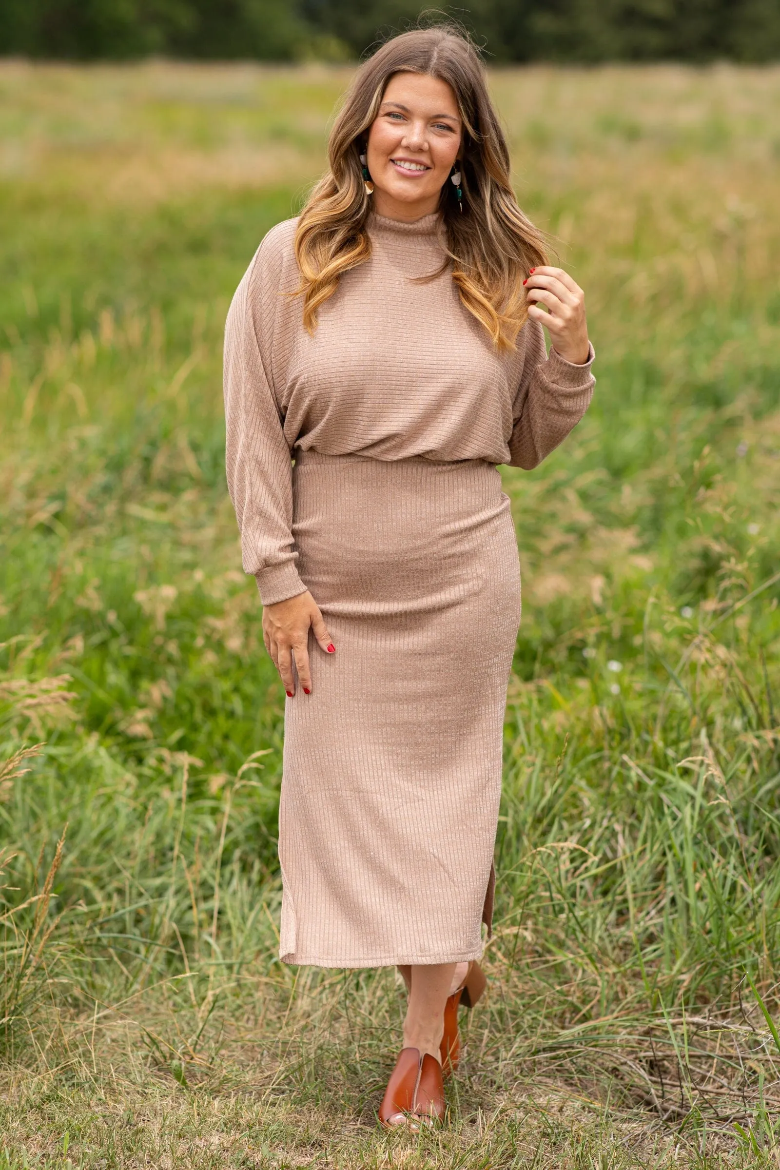 Mocha Ribbed Mock Neck Sweater Dress