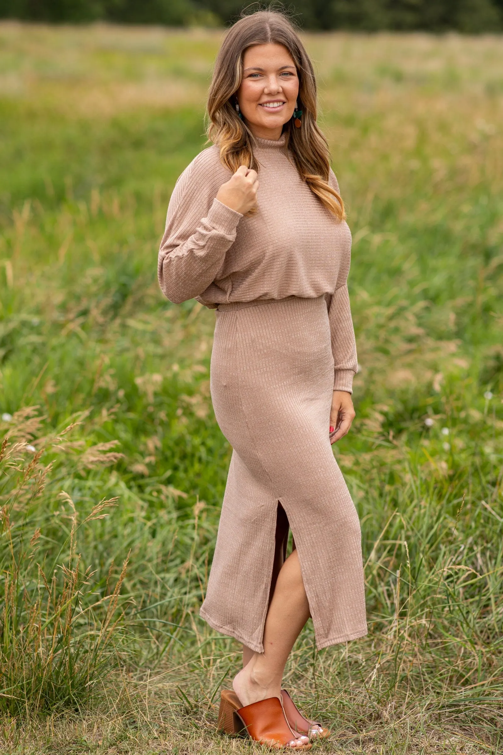 Mocha Ribbed Mock Neck Sweater Dress