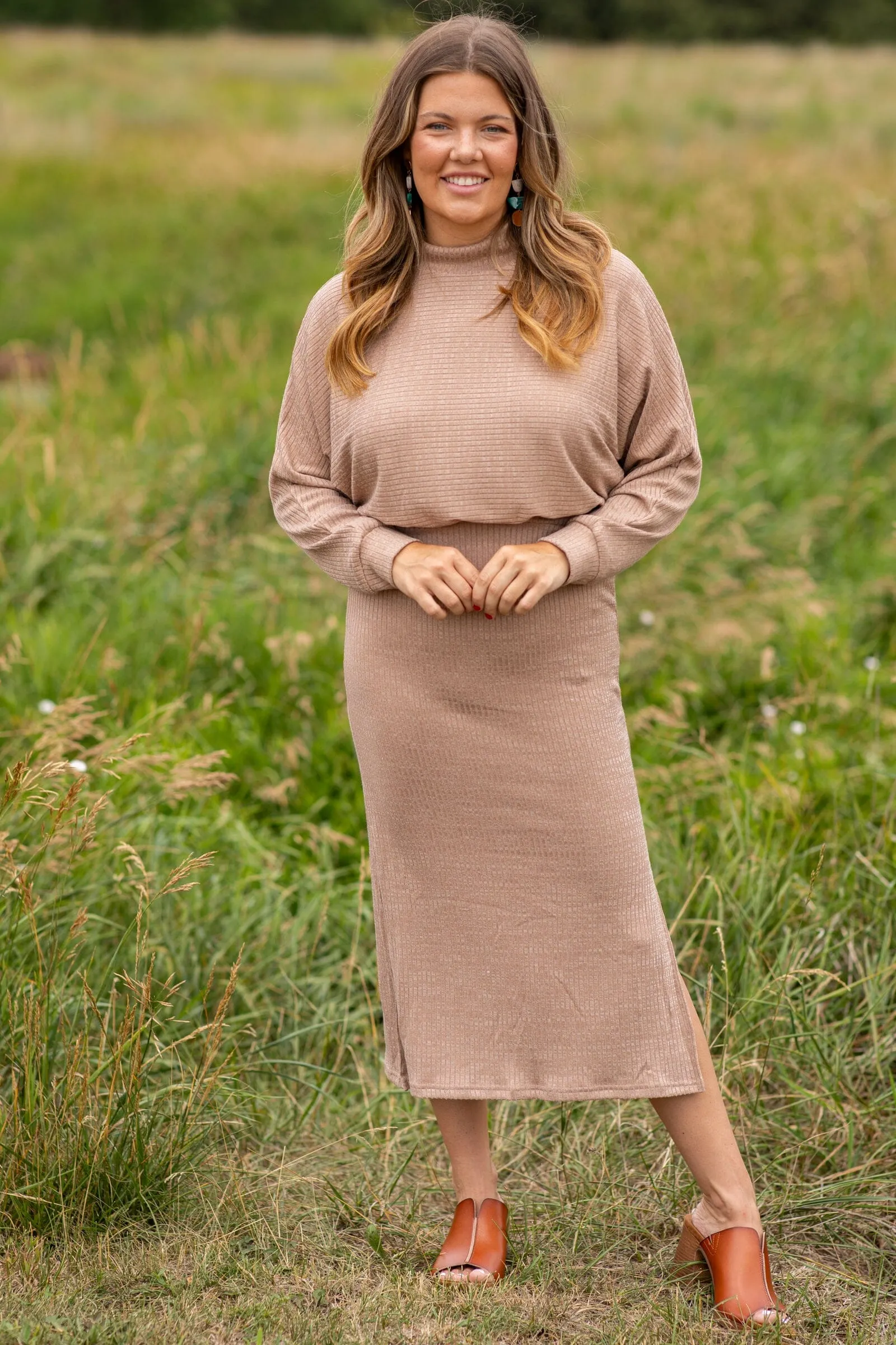 Mocha Ribbed Mock Neck Sweater Dress