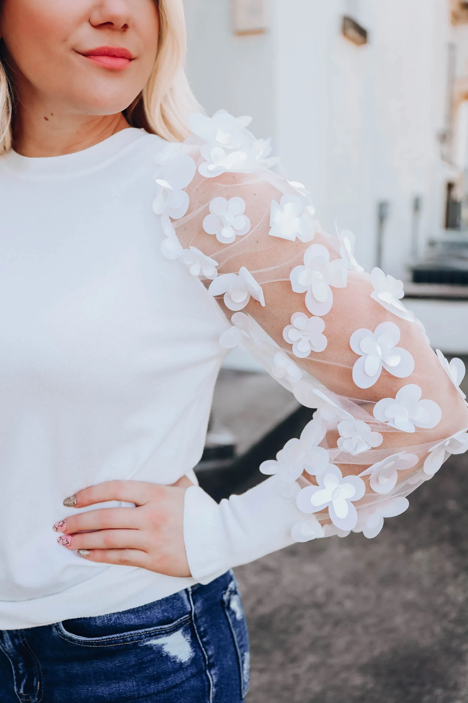 Monarch Garden Sheer Sleeve Top - White