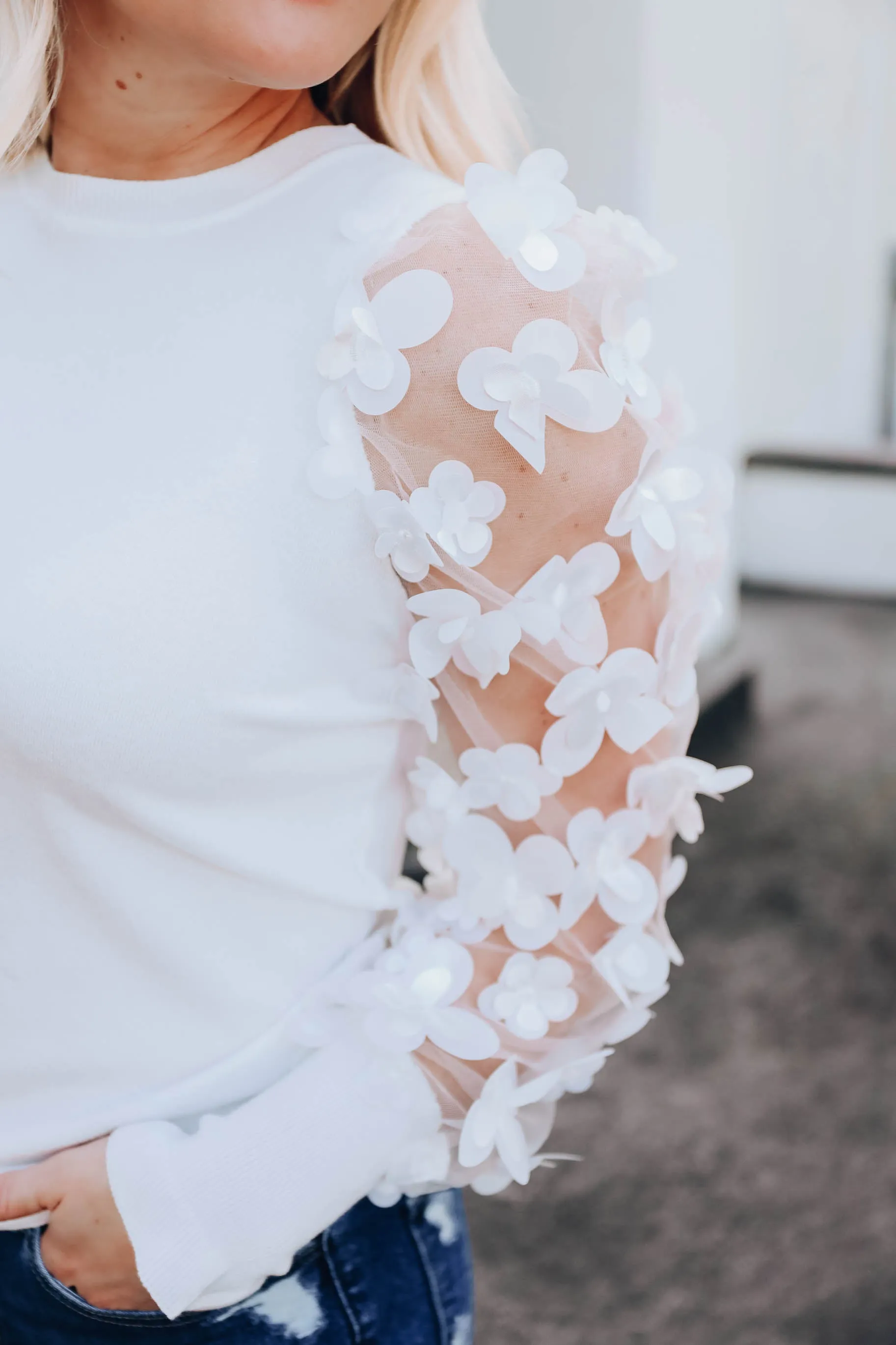 Monarch Garden Sheer Sleeve Top - White