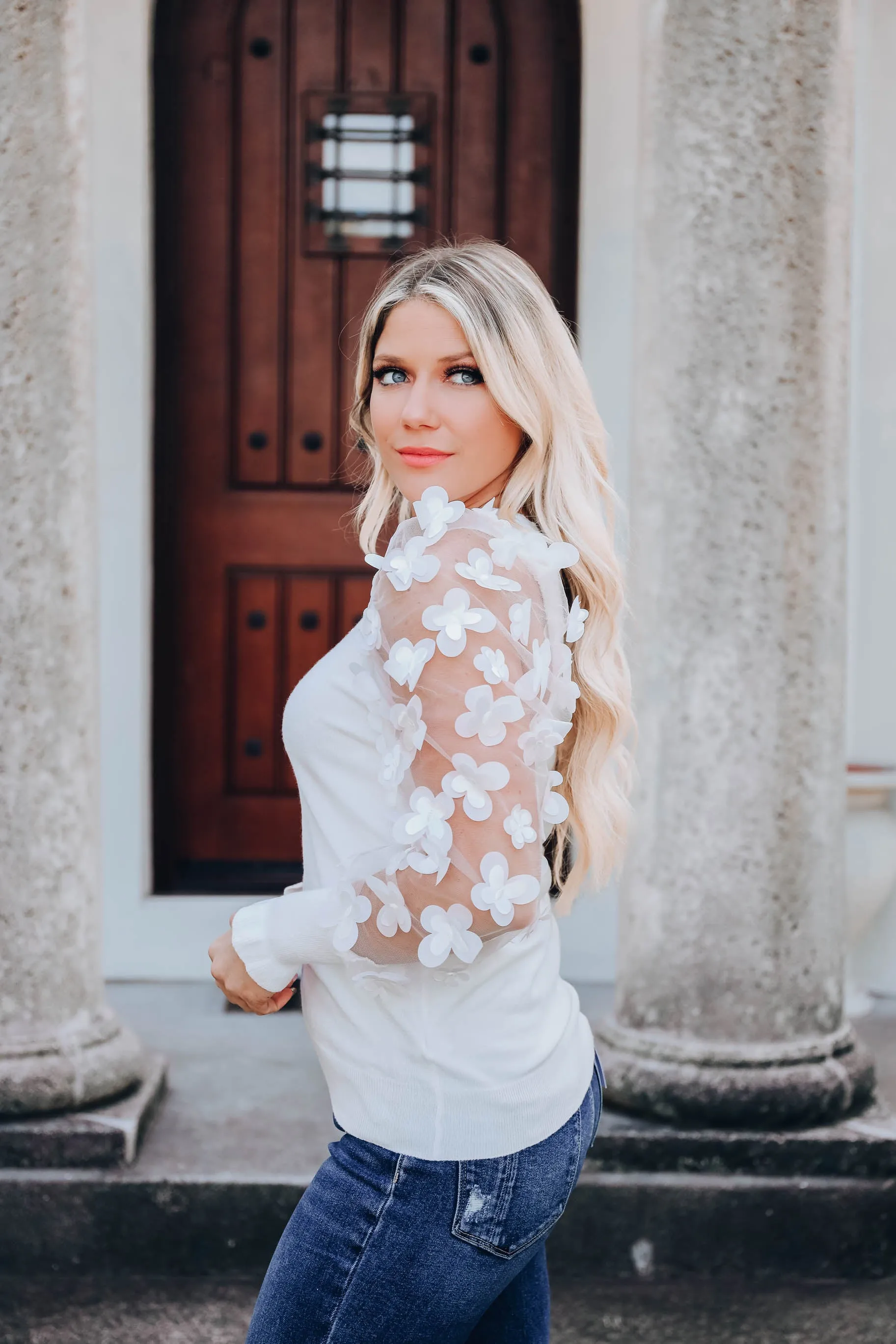 Monarch Garden Sheer Sleeve Top - White