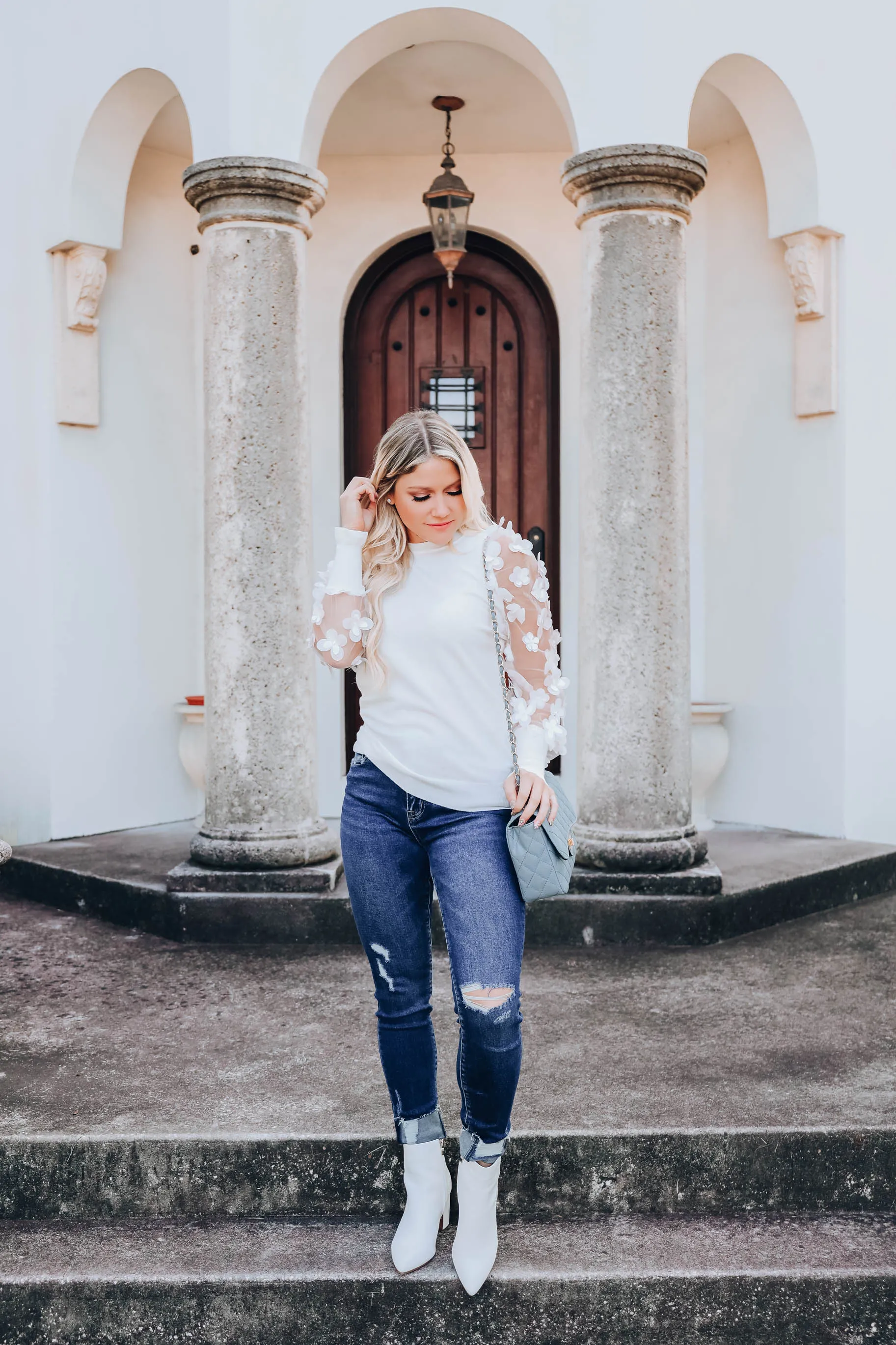 Monarch Garden Sheer Sleeve Top - White