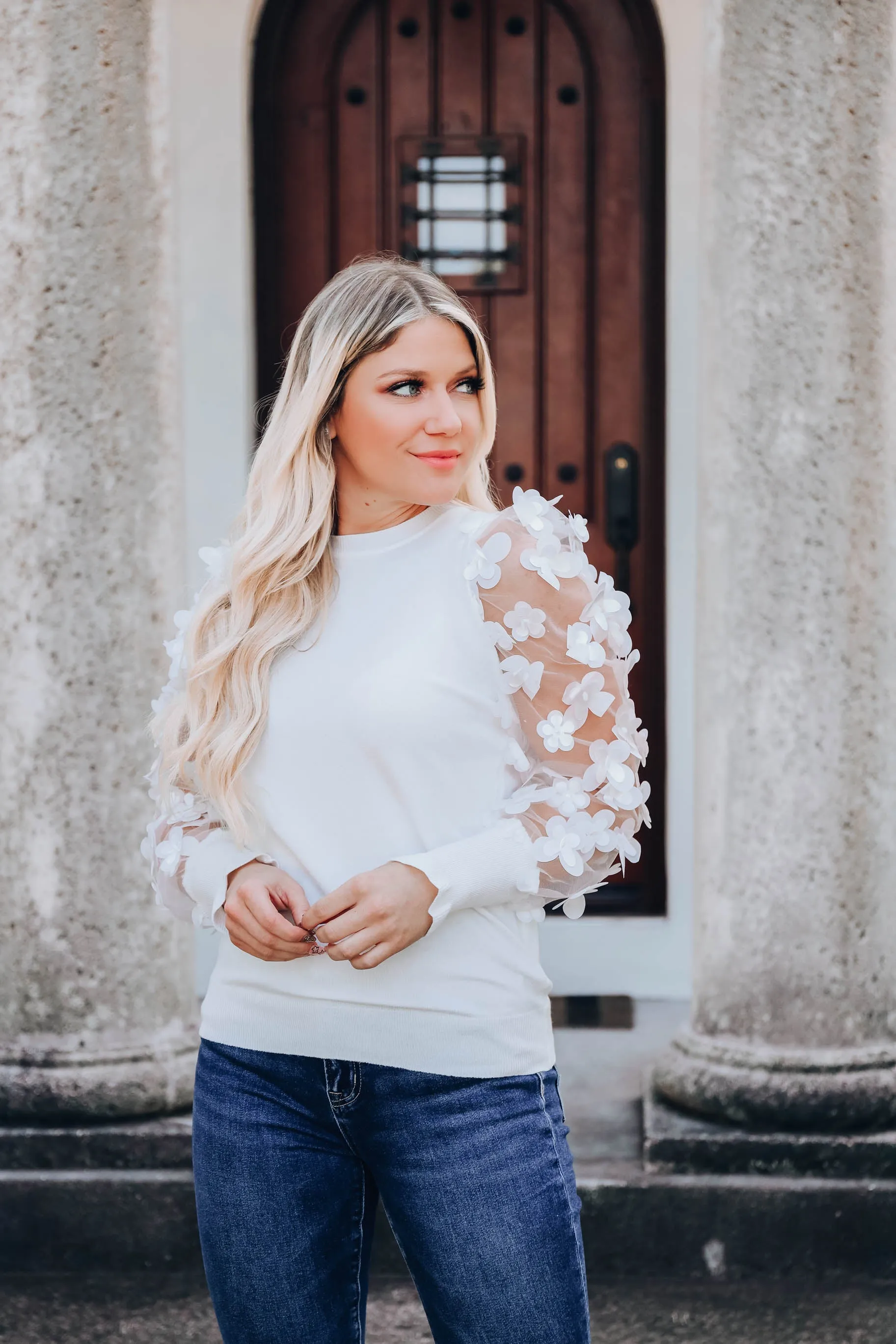 Monarch Garden Sheer Sleeve Top - White