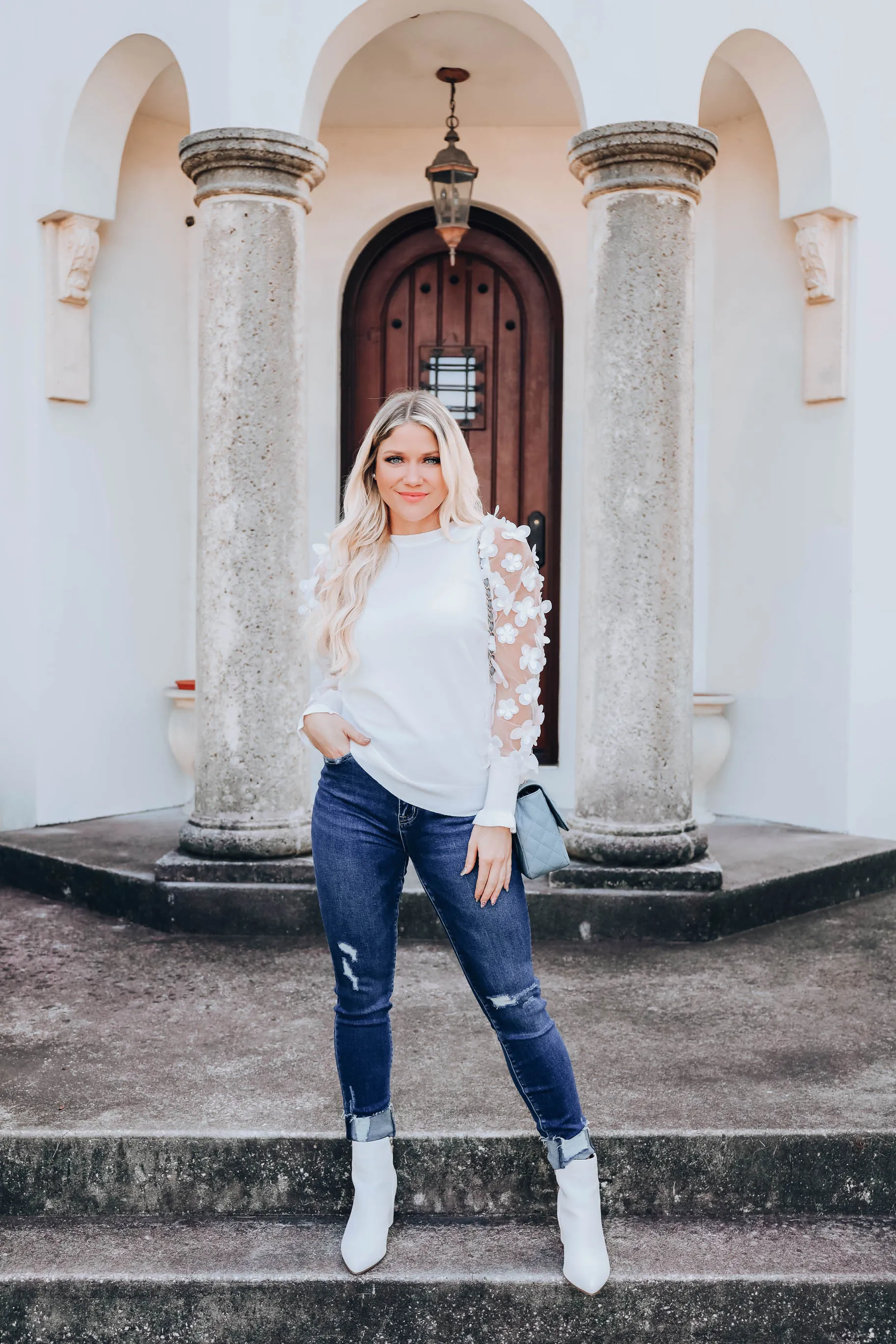 Monarch Garden Sheer Sleeve Top - White