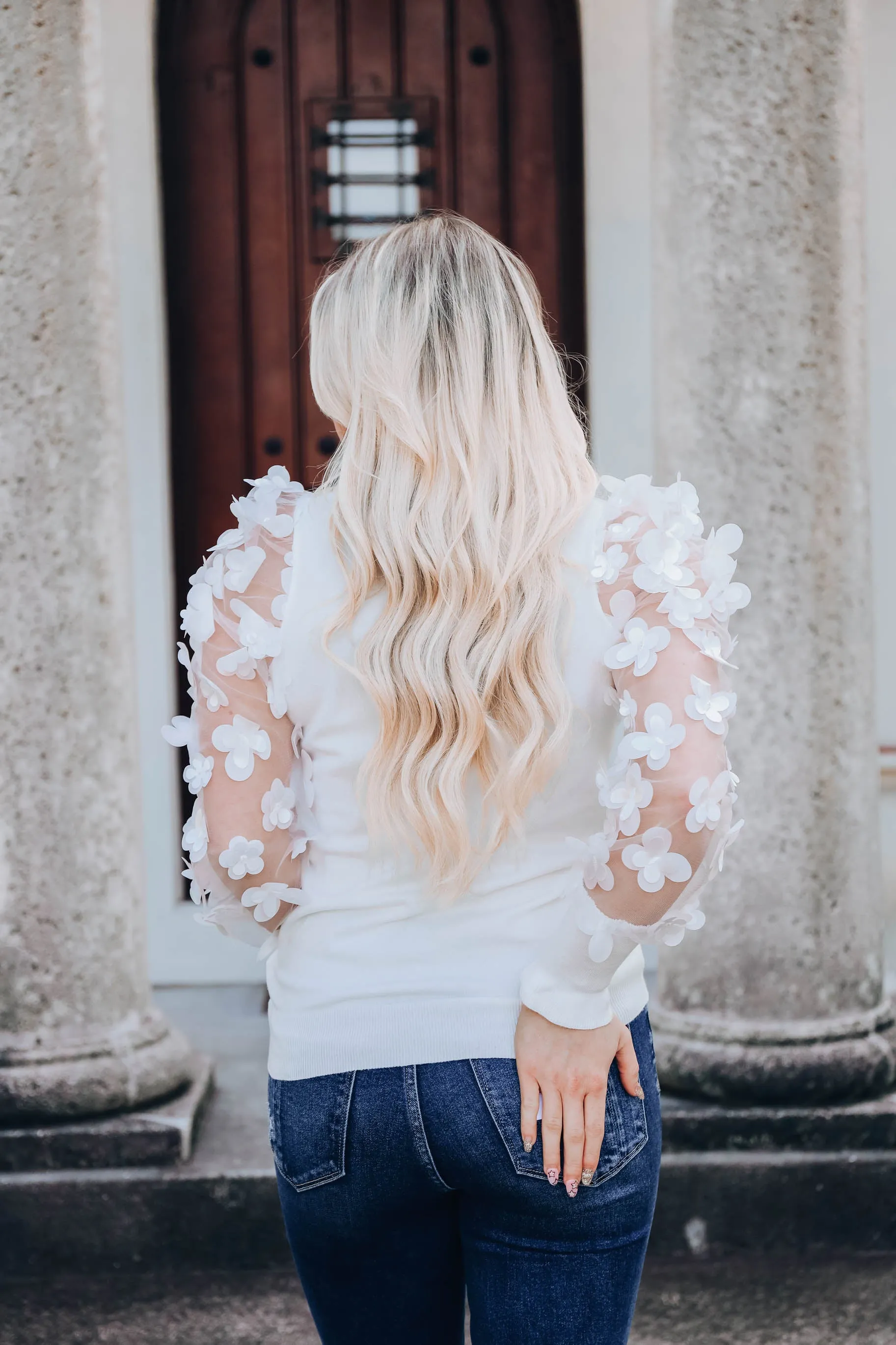 Monarch Garden Sheer Sleeve Top - White