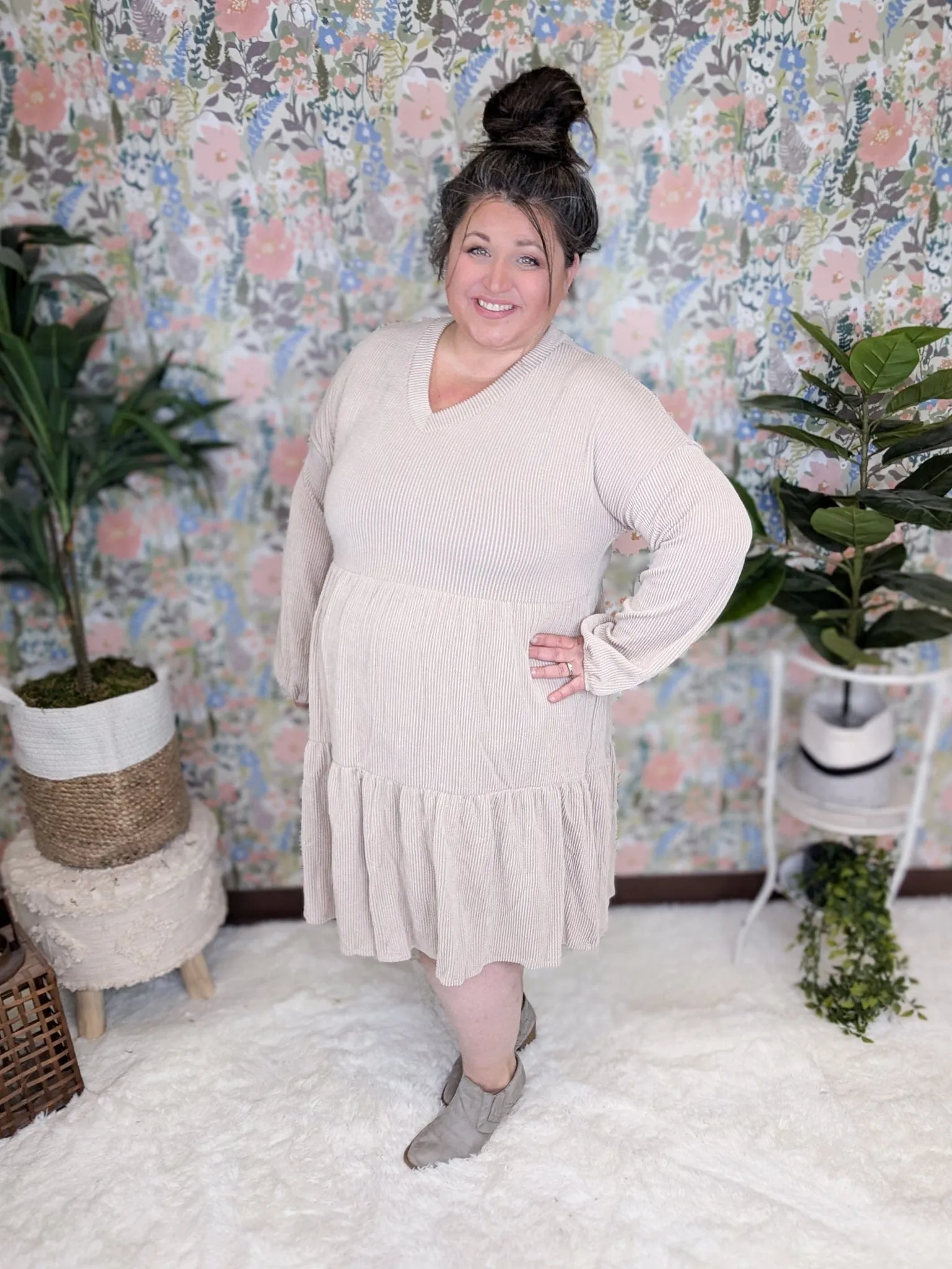 Morgan Tiered Long Sleeve Dress in Ribbed Mocha