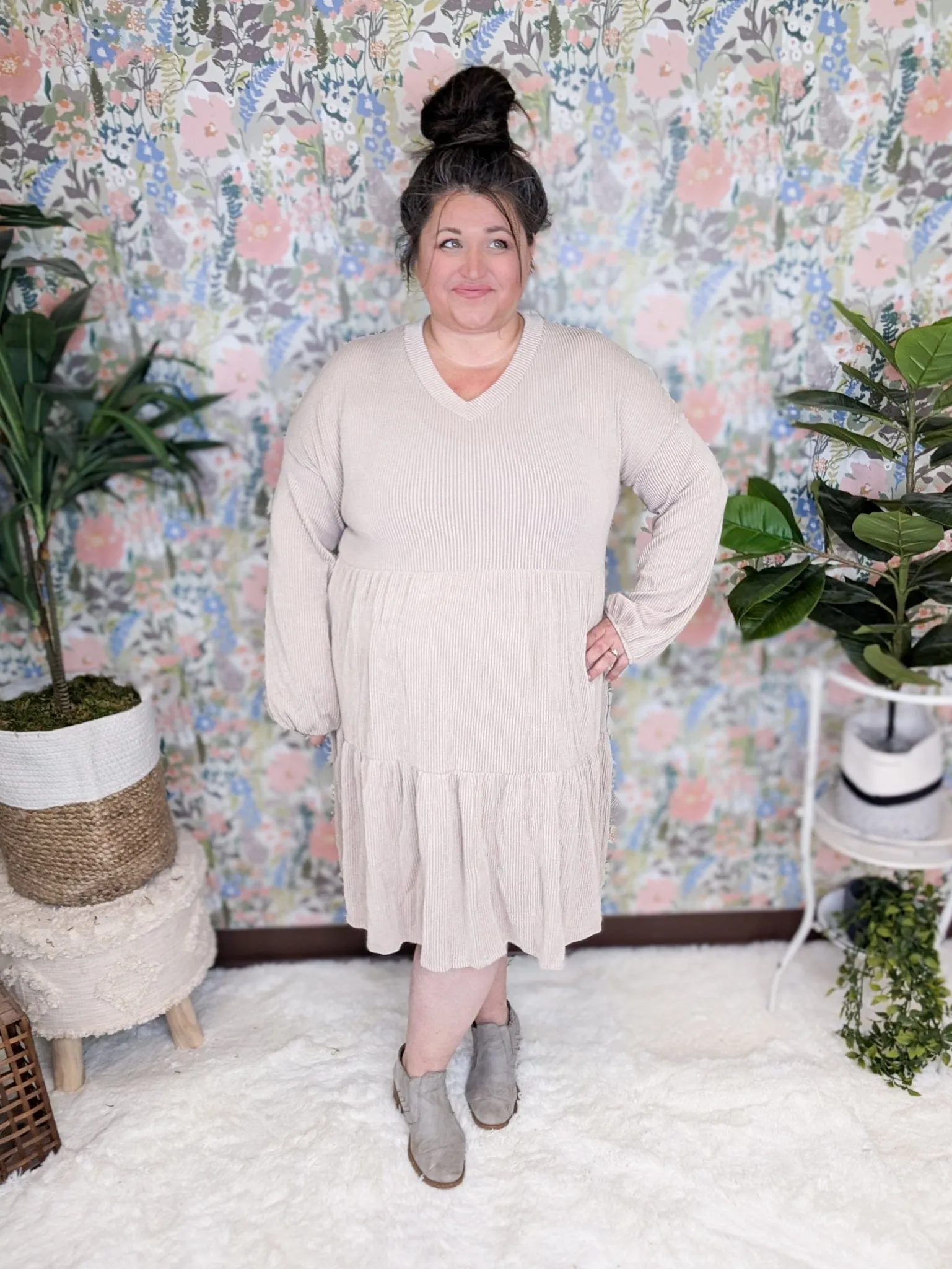 Morgan Tiered Long Sleeve Dress in Ribbed Mocha