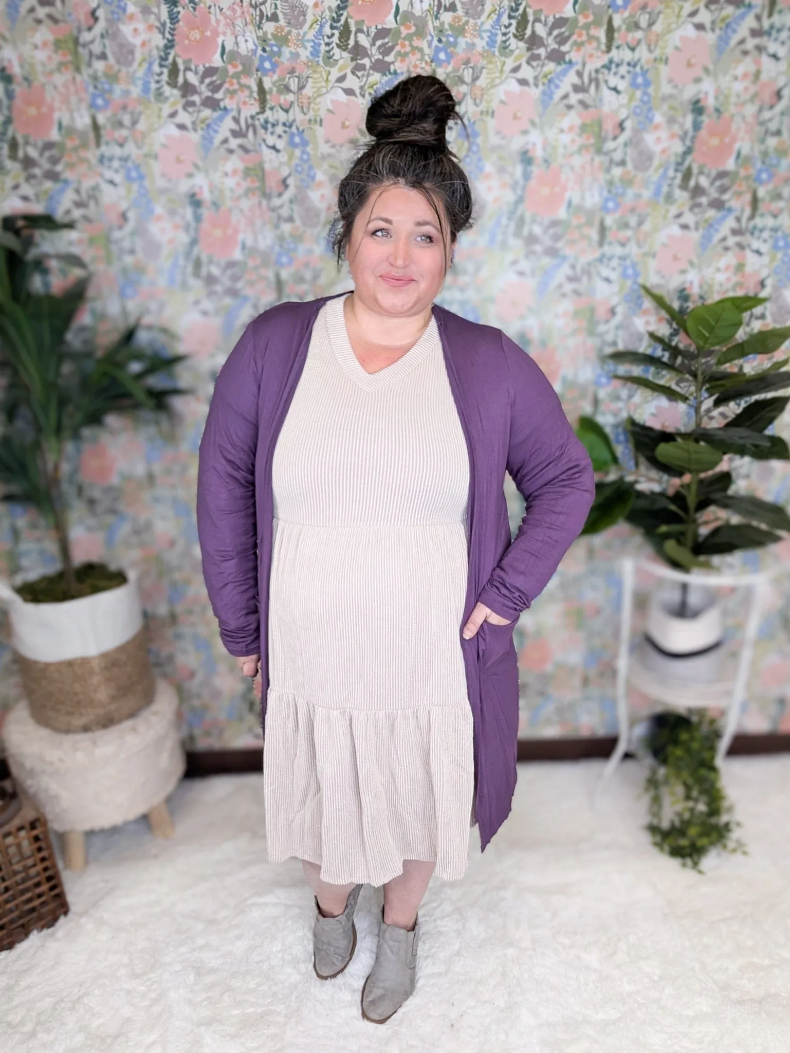 Morgan Tiered Long Sleeve Dress in Ribbed Mocha