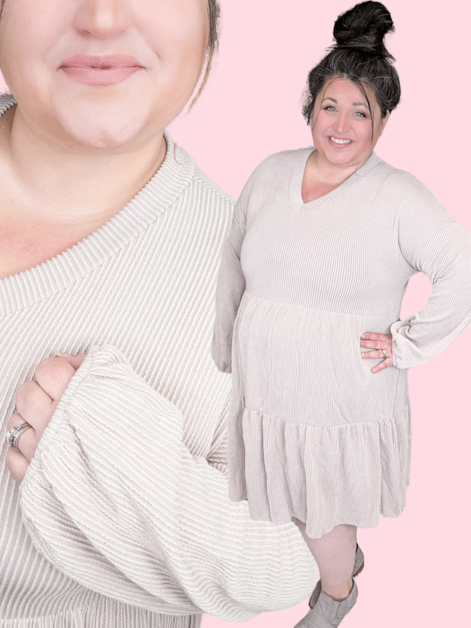 Morgan Tiered Long Sleeve Dress in Ribbed Mocha