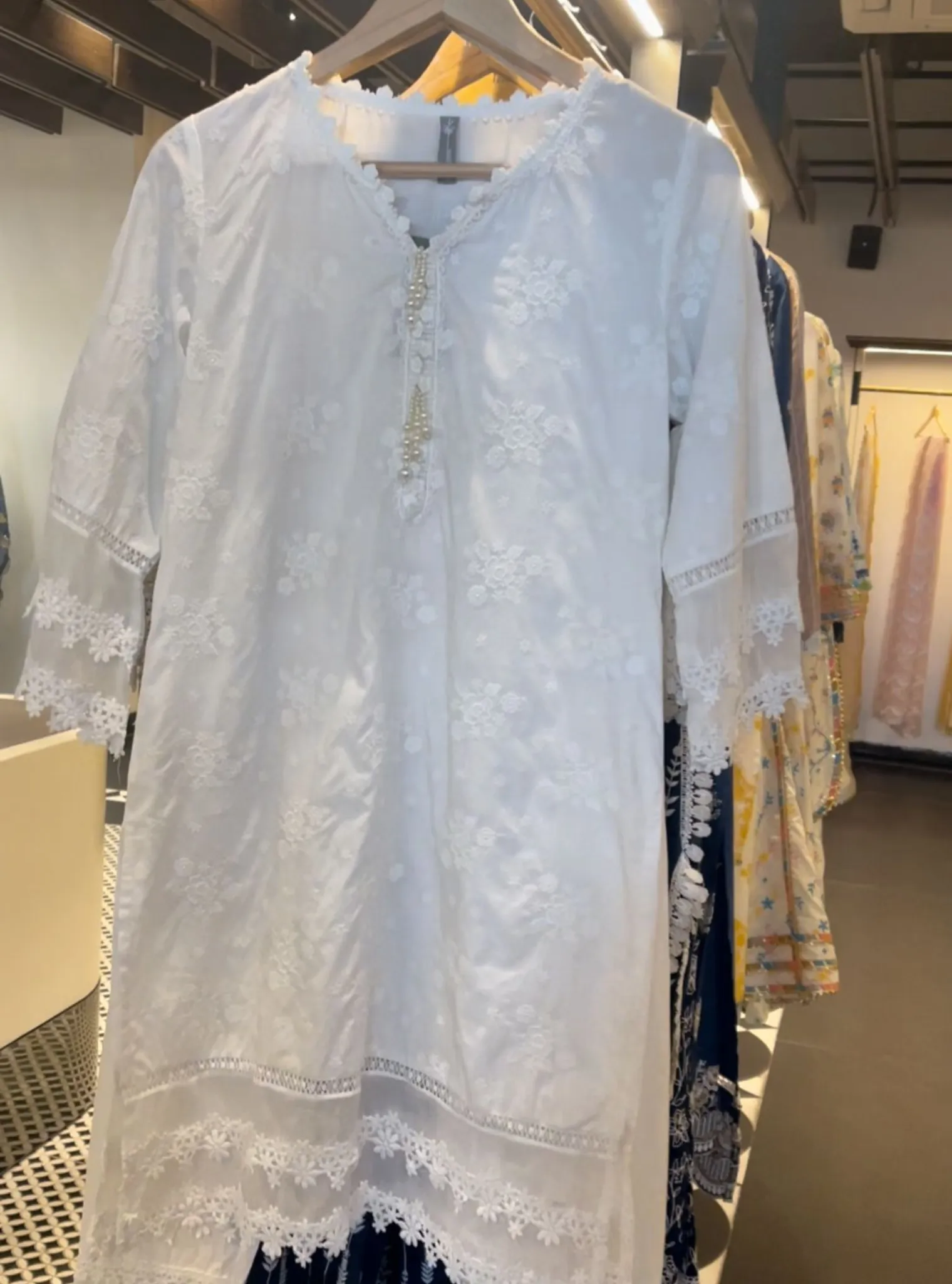 Mulmul Cotton Emmie White Kurta With Mulmul Cotton Diagonal Lace Pants