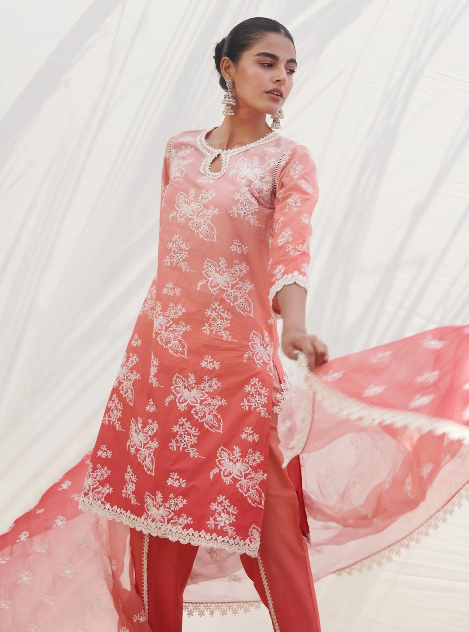 Mulmul Cotton Savri Red Kurta With Savri Red Dhoti Pant