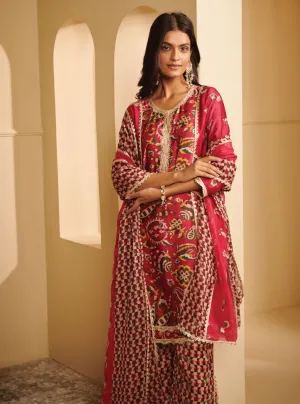 Mulmul Cupro Kenna Fuchsia Kurta With Kenna Fuchsia Pant